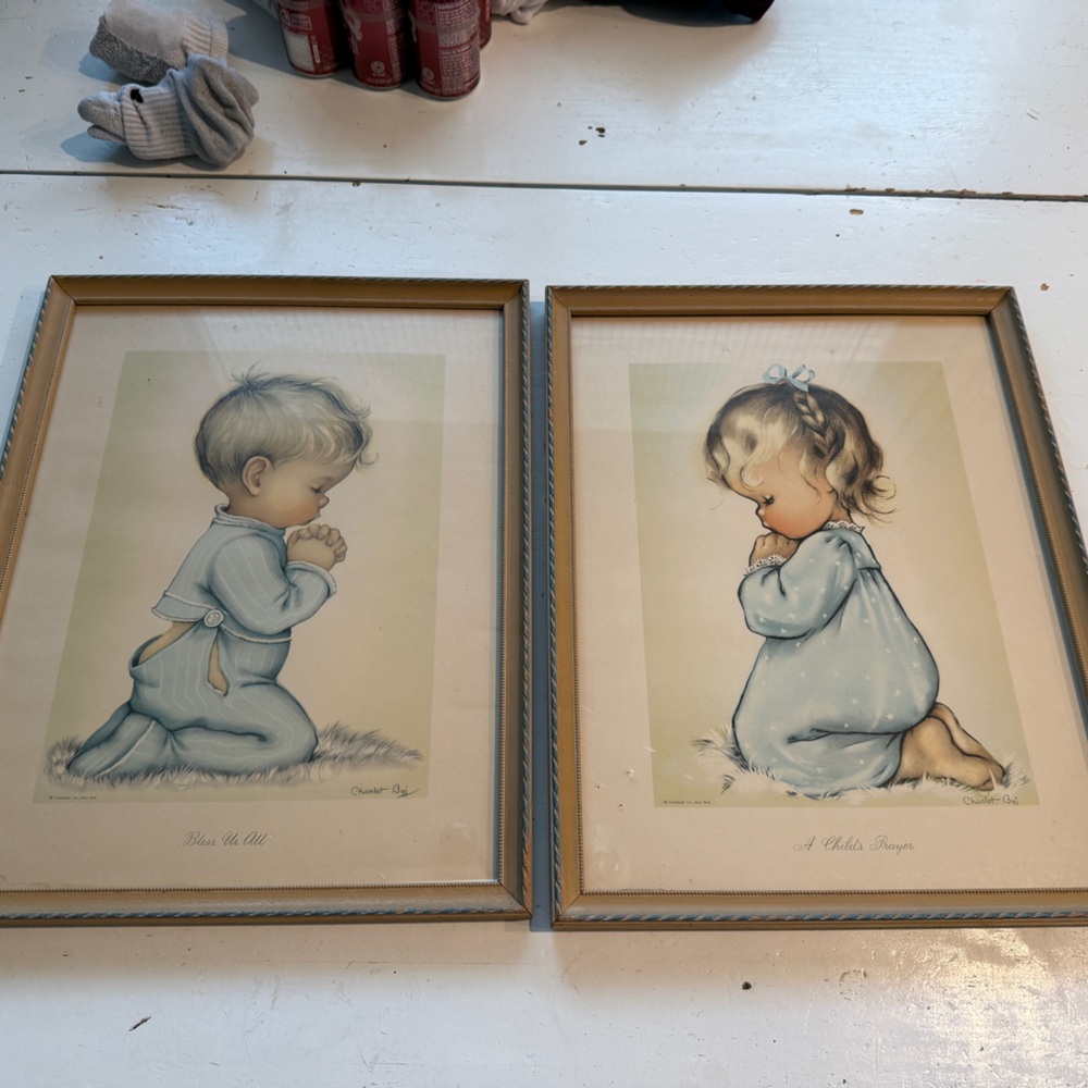 Pair of "A Child's Prayer" 1950's Vintage framed lithograph.